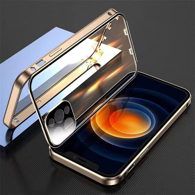 Luxury Apple iPhone Case, MagSafe Compatible, Camera Lens and Screen Protection, Ultra Thin, Shockproof, Magnetic, Full All Around Protection, Double Glass Lock Bumper Case