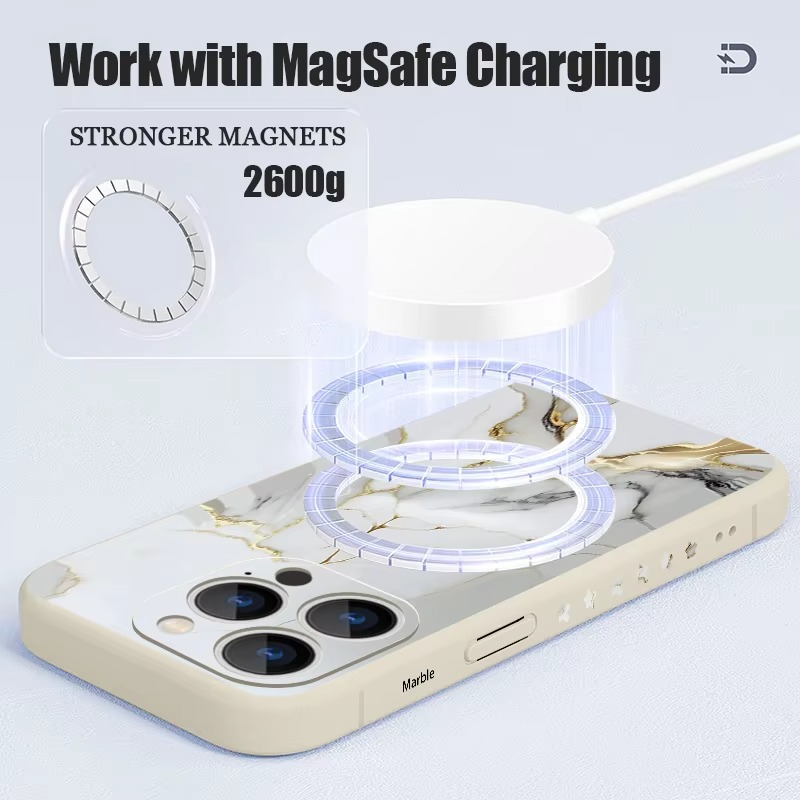 Luxury Apple iPhone Case, MagSafe Compatible, Camera Lens and Screen Protection, Ultra Thin, Shockproof, Magnetic, Full All Around Protection, Marble Silicone Lanyard Cover