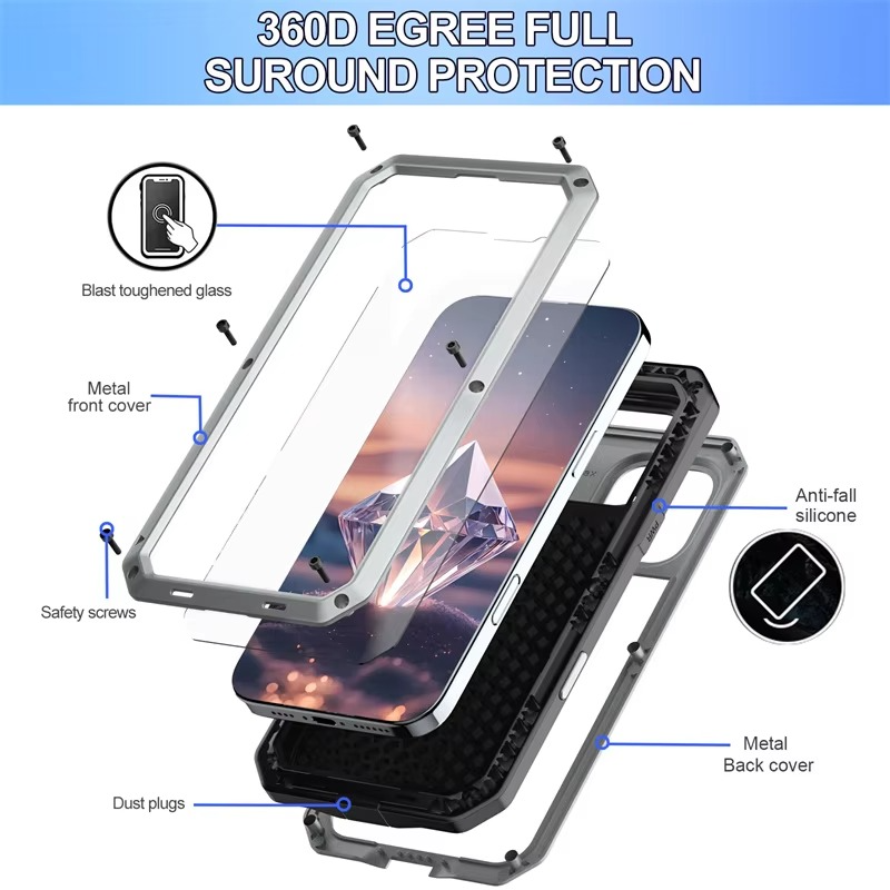 Robust Apple iPhone Case, MagSafe Compatible, Camera Lens and Screen Protection, Ultra Thin, Shockproof, Magnetic, Full All Around Protection, Metal Screw Bumper Cover