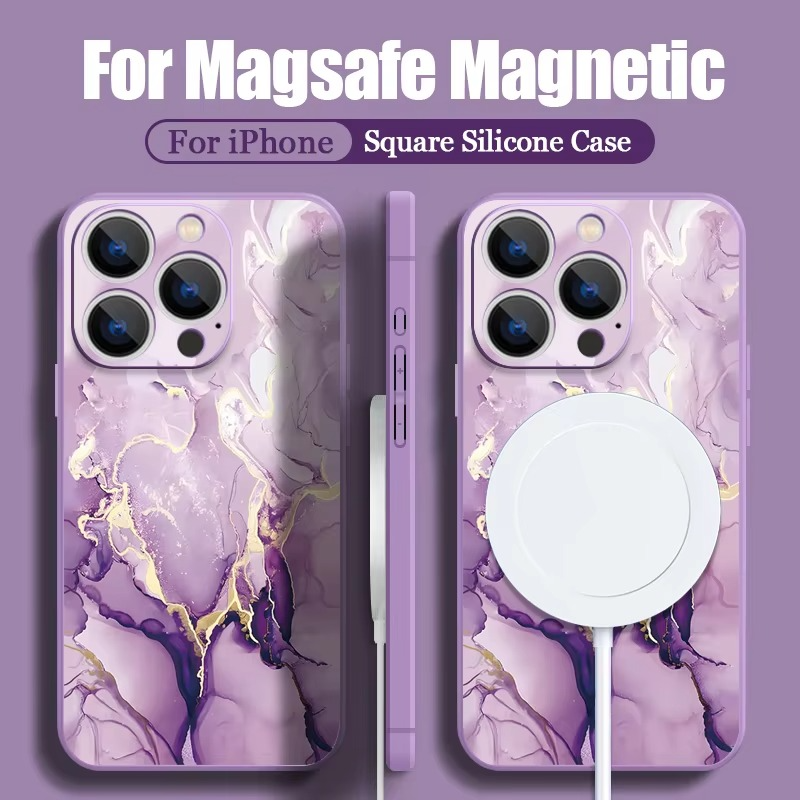 Luxury Apple iPhone Case, MagSafe Compatible, Camera Lens and Screen Protection, Ultra Thin, Shockproof, Magnetic, Full All Around Protection, Marble Silicone Lanyard Cover