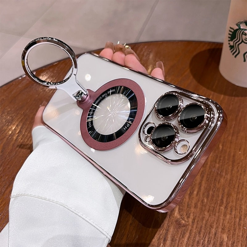 Luxury Ring Holder - Transparent Hard Acrylic Cover, Built-in Bracket, Magnetic Wireless Charging Compatible Case for iPhone
