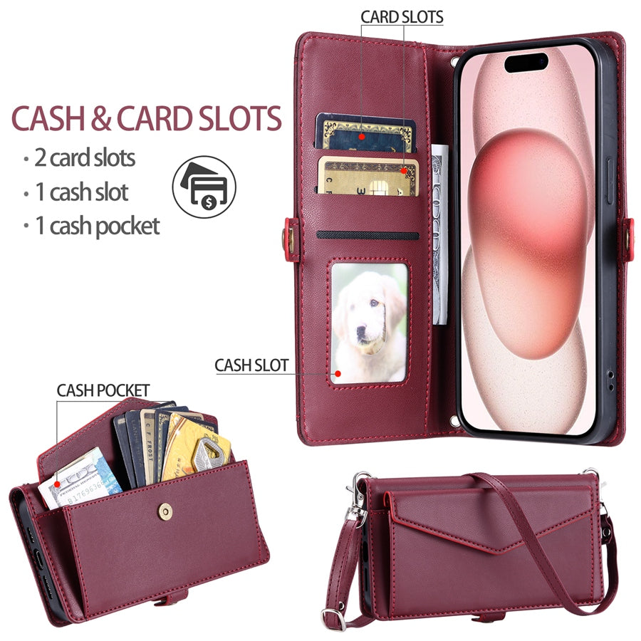 Luxury Dual-Layer Wallet iPhone Case – Flip Leather Cover with Card Slots, Photo Frame, 2 Lanyards, Shockproof Protection, and Stand Feature for iPhone