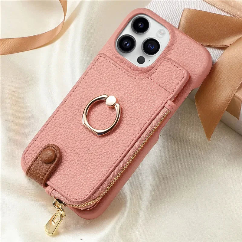 Luxury Leather Zipper Wallet iPhone Case – Card Holder, Ring Kickstand, Shockproof Cover for iPhone Models