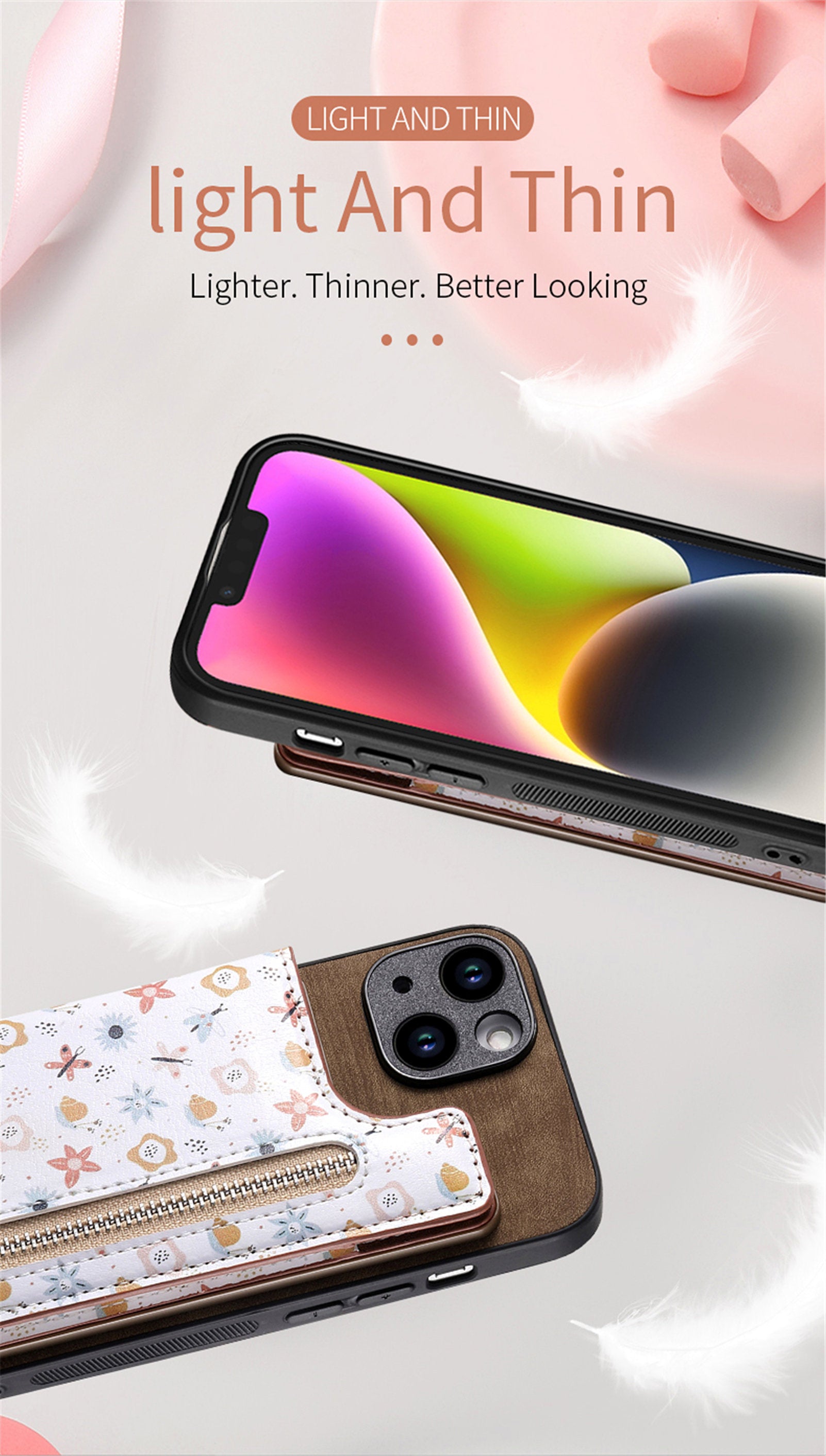 Zipper Card Slot Wallet iPhone Case – Magnetic Closure, Purse Pocket, Floral Design, Shockproof Protective Cover for iPhone