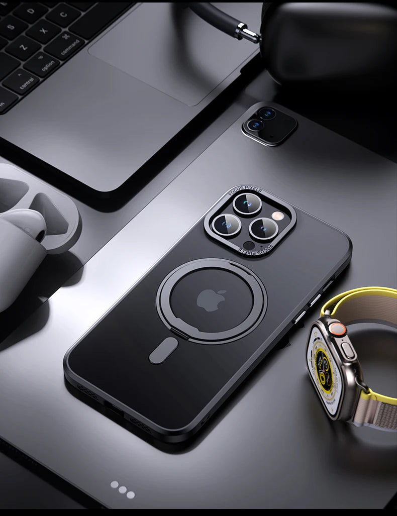 Luxury Magnetic 360° Rotating Stand Frosted Transparent Cover with Ring Holder Shockproof & Hands-Free Design Case for iPhone
