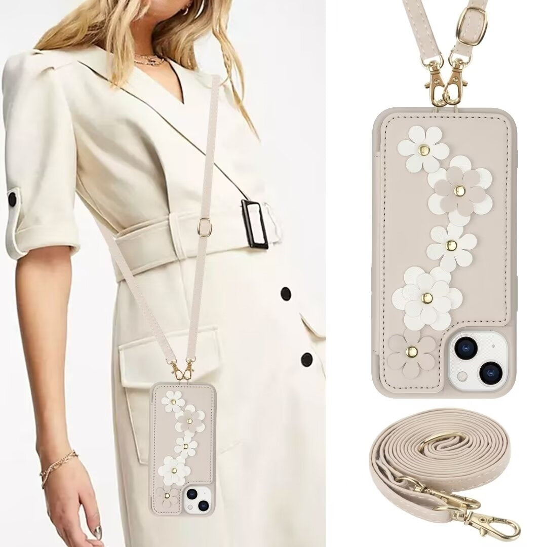 Luxury Crossbody Wallet Leather iPhone Case – 3D Flower Design, Card Slot, Wrist Strap, Magnetic Closure, Protective Cover
