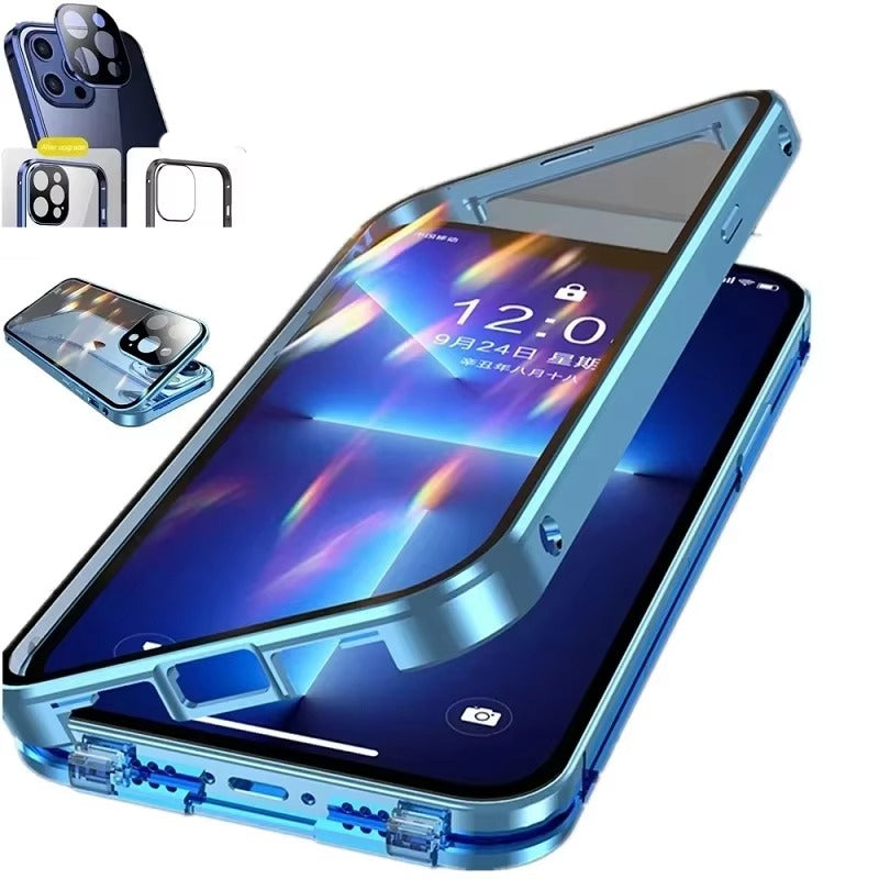 Luxury Apple iPhone Case, MagSafe Compatible, Camera Lens and Screen Protection, Ultra Thin, Shockproof, Magnetic, Full All Around Protection, Double Glass Lock Bumper Case