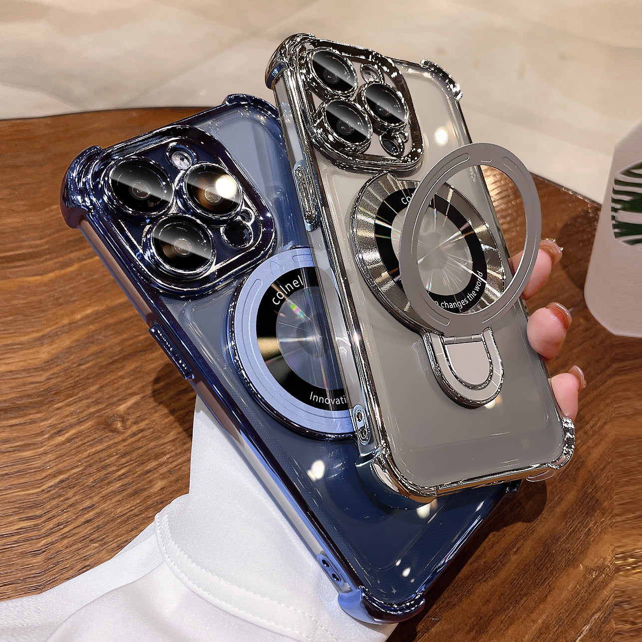 Frameless MagSafe Case with Logo Hole – Transparent Plating Slim Bracket for iPhone Models, Sleek and Durable Design