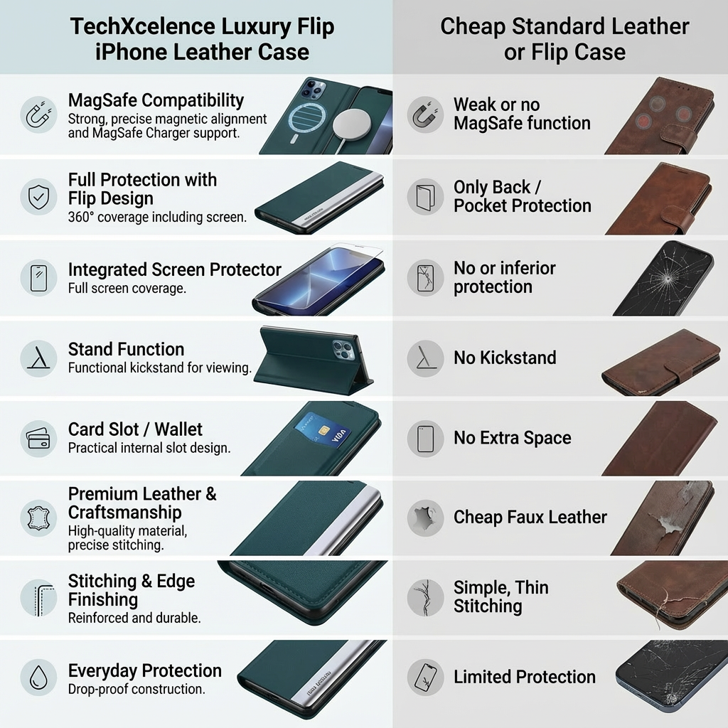 Luxury Flip Apple iPhone Case, MagSafe Compatible, Ultra Thin Magnetic Shockproof Full Protection Cover with Screen Guard, Book Style Stand and Wallet Pocket