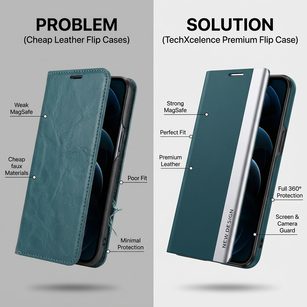 Luxury Flip Apple iPhone Case, MagSafe Compatible, Ultra Thin Magnetic Shockproof Full Protection Cover with Screen Guard, Book Style Stand and Wallet Pocket