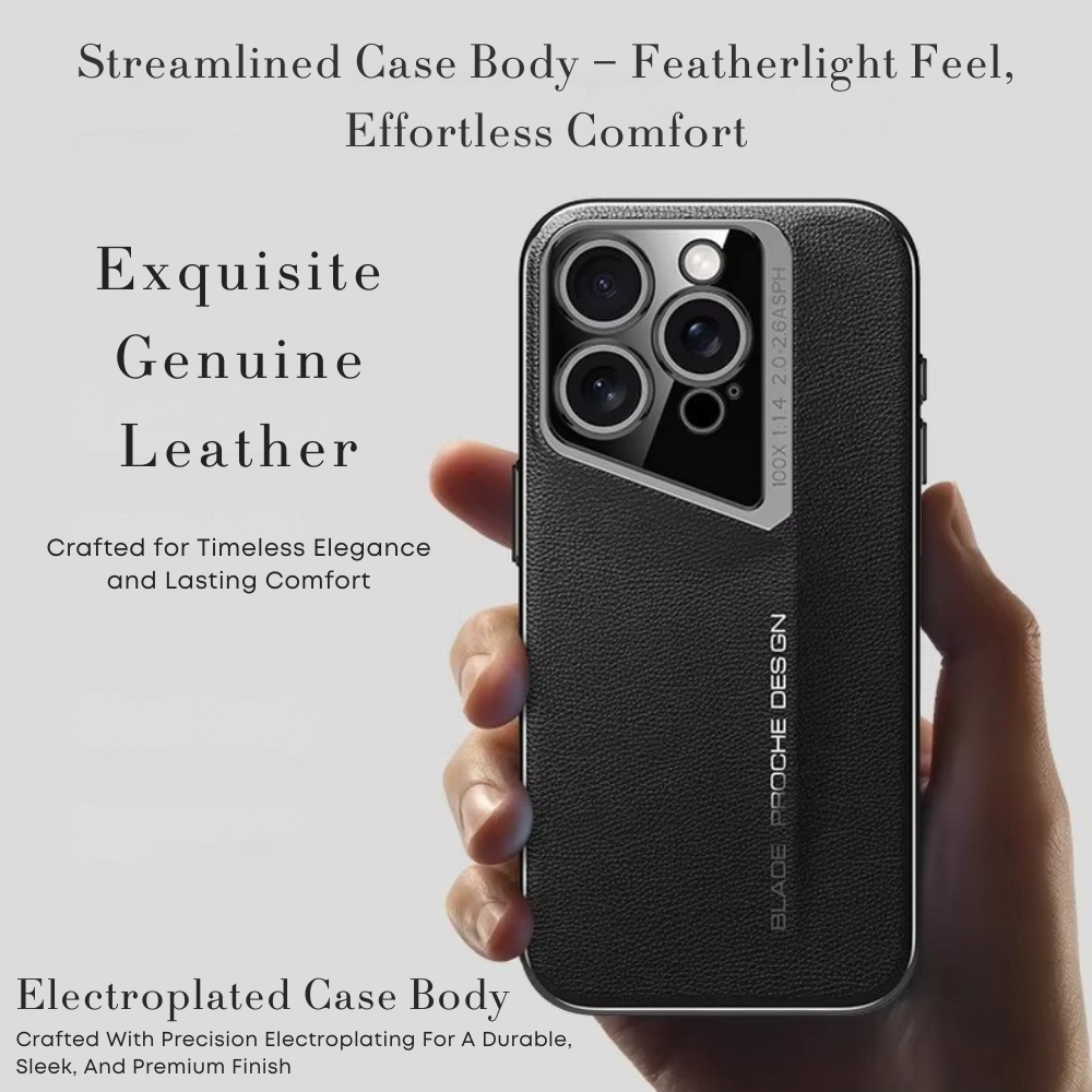 Black leather phone case held by a hand with product details on a white background