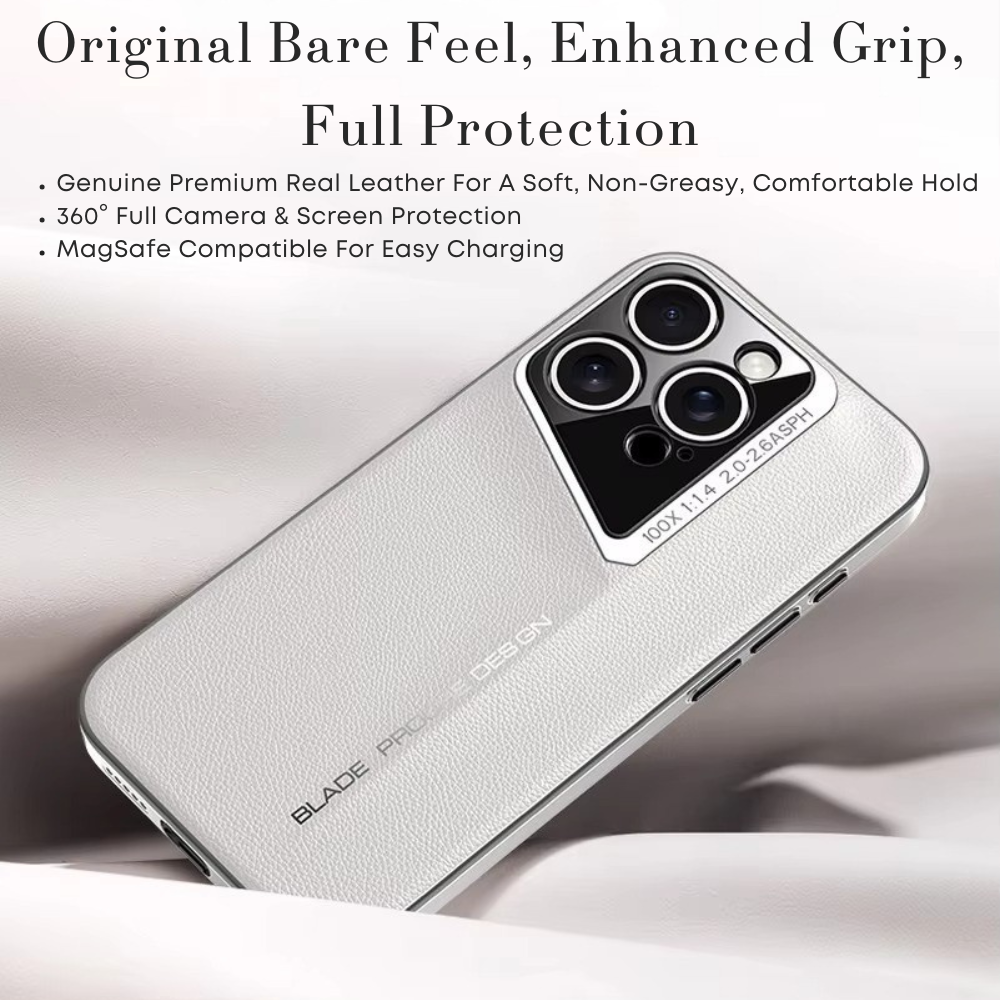 Phone case with camera and brand name on a light background