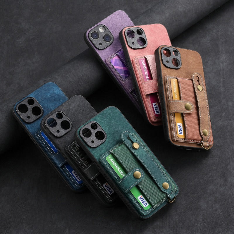 Luxury PU Leather Wallet iPhone Case with Wrist Strap – Stand Function, Card Holder, Protection for Secure and Convenience