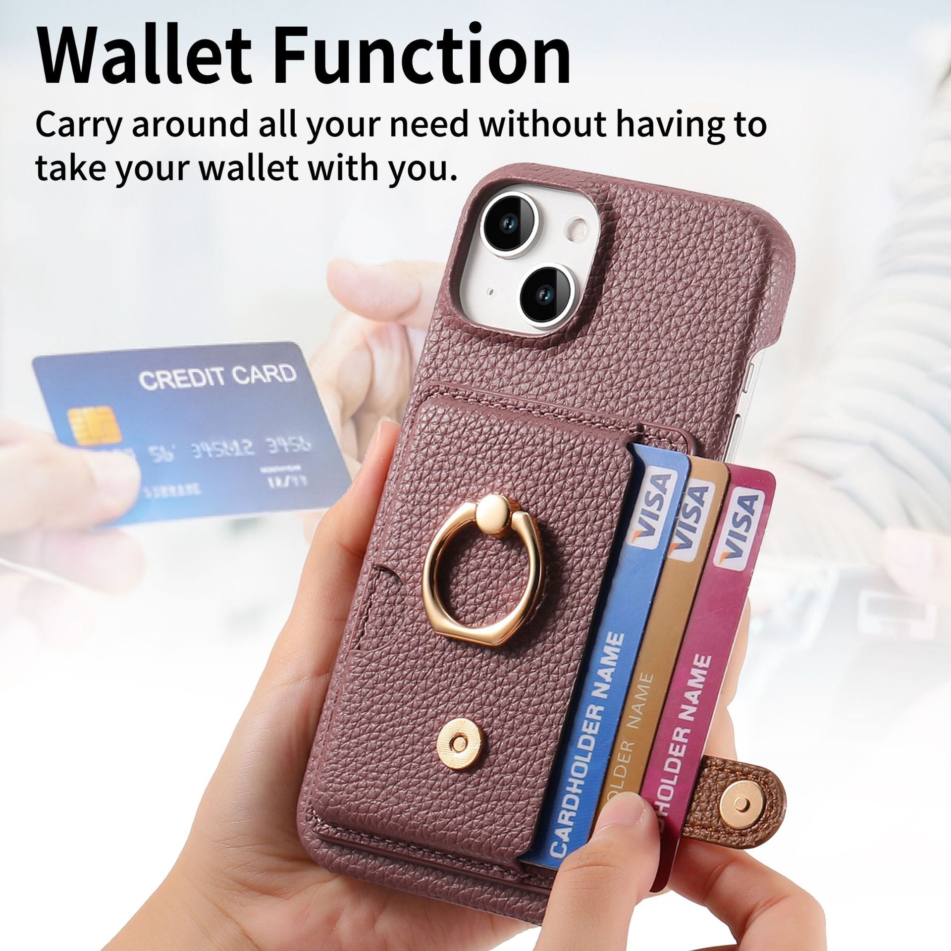 Premium Leather Ring Stand Wallet iPhone Case Card Holder, Magnetic Closure, and Kickstand Support for Hands-Free Convenience