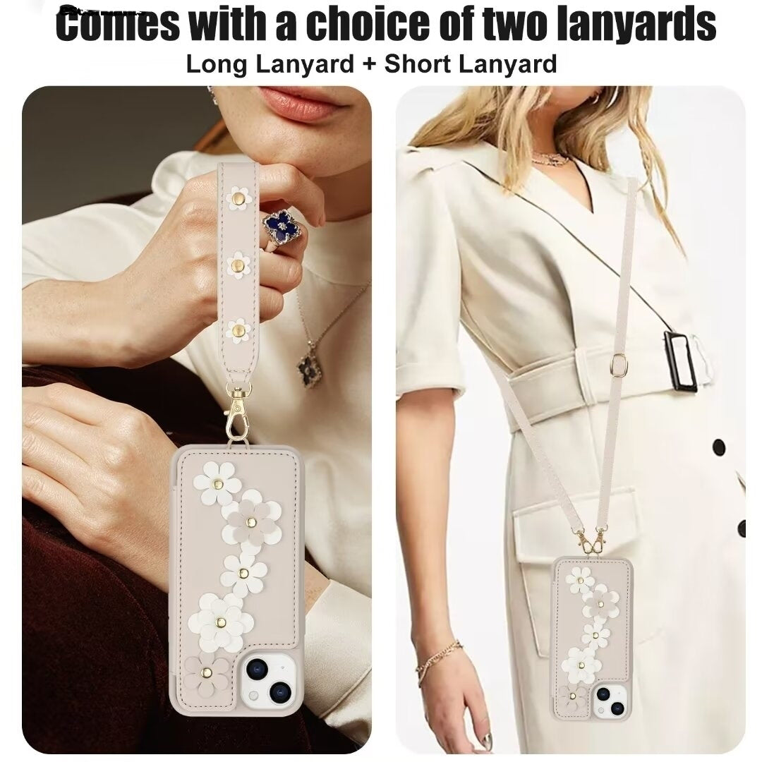Luxury Crossbody Wallet Leather iPhone Case – 3D Flower Design, Card Slot, Wrist Strap, Magnetic Closure, Protective Cover