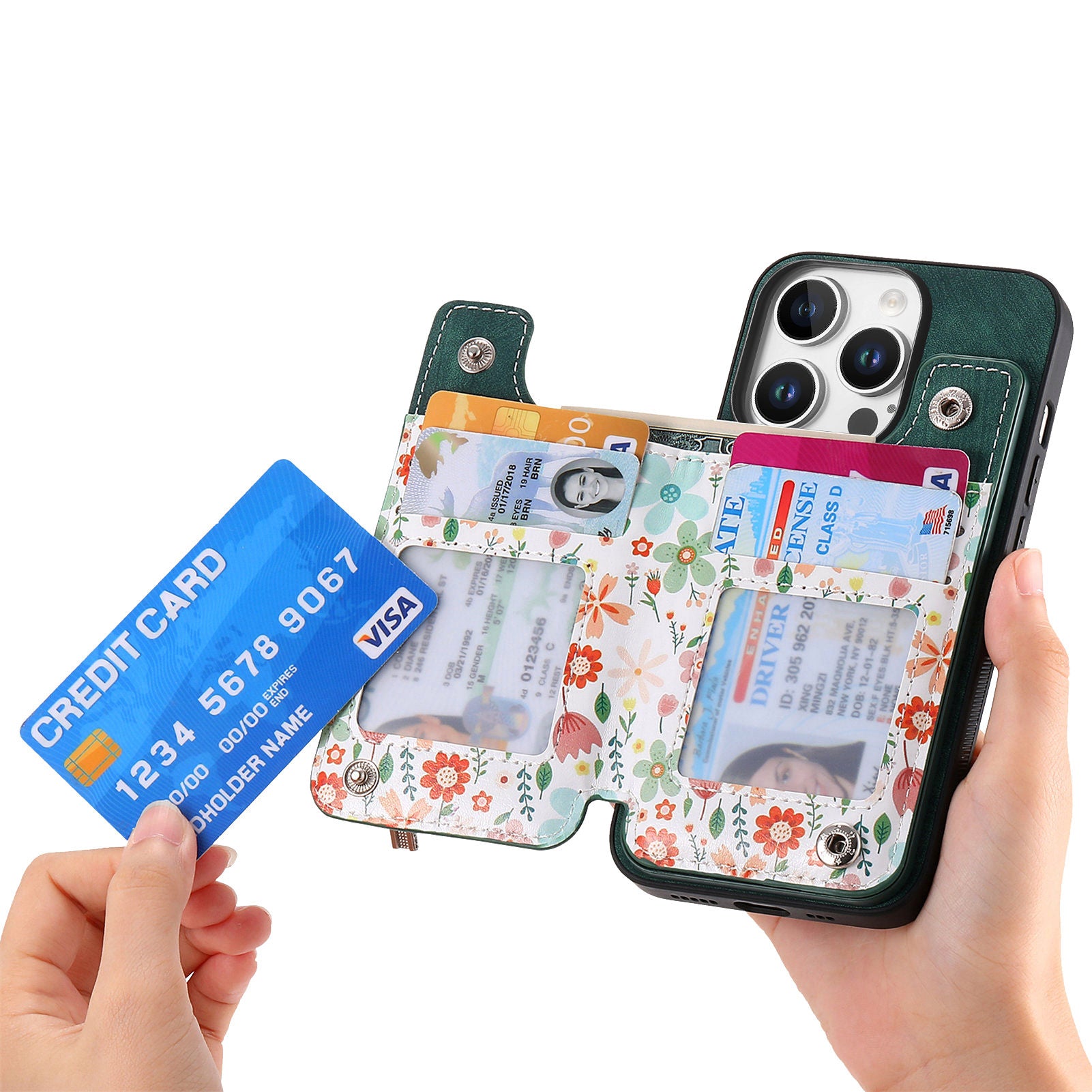 Zipper Card Slot Wallet iPhone Case – Magnetic Closure, Purse Pocket, Floral Design, Shockproof Protective Cover for iPhone