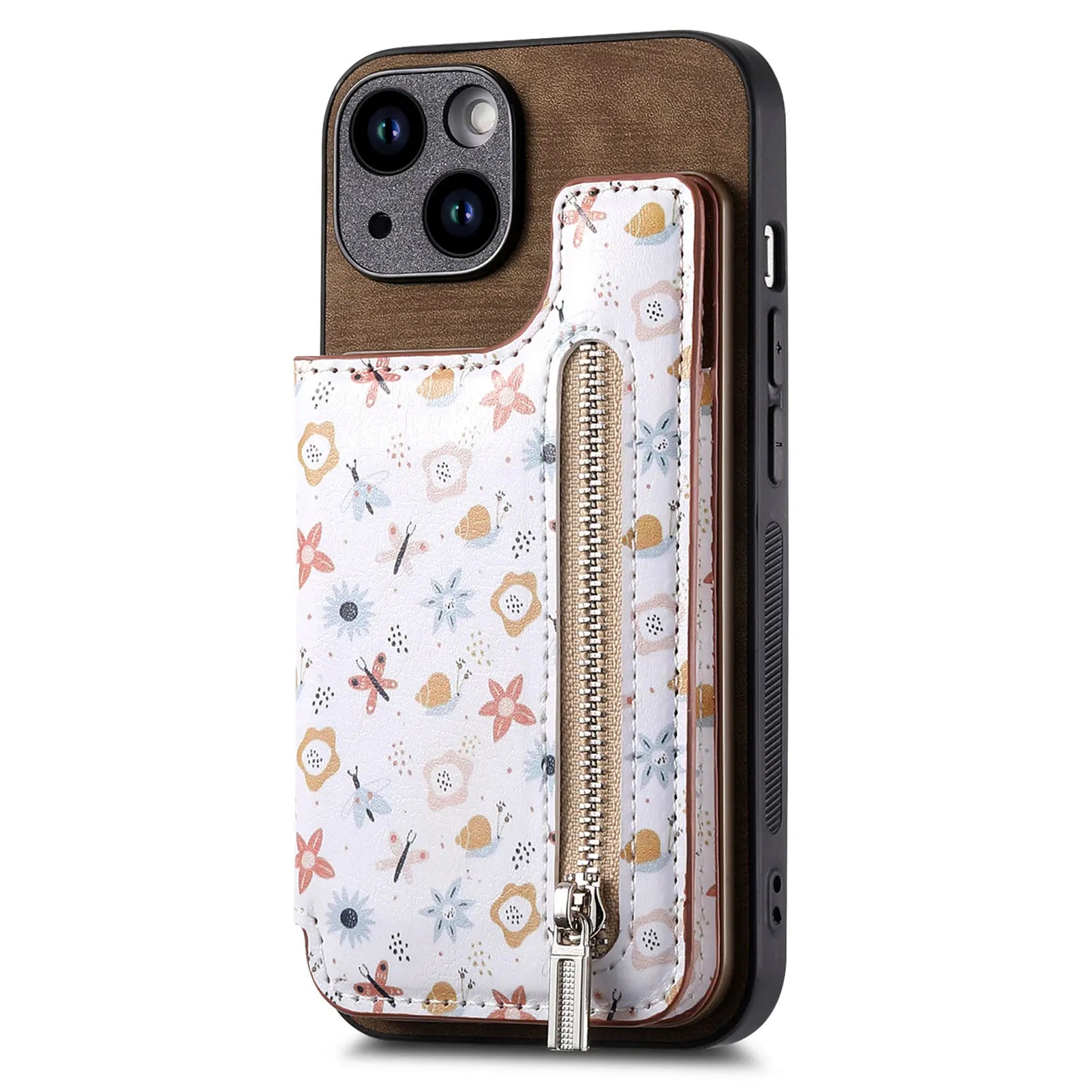 Zipper Card Slot Wallet iPhone Case – Magnetic Closure, Purse Pocket, Floral Design, Shockproof Protective Cover for iPhone