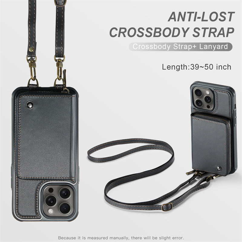 Luxury Leather Wallet Crossbody iPhone Case – Card Slot Holder, Stand Function, Hand Lanyard Strap, Shockproof Protection for iPhone