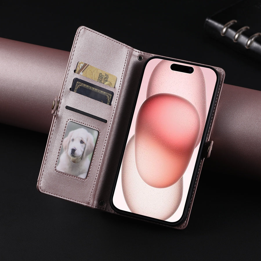 Luxury Dual-Layer Wallet iPhone Case – Flip Leather Cover with Card Slots, Photo Frame, 2 Lanyards, Shockproof Protection, and Stand Feature for iPhone