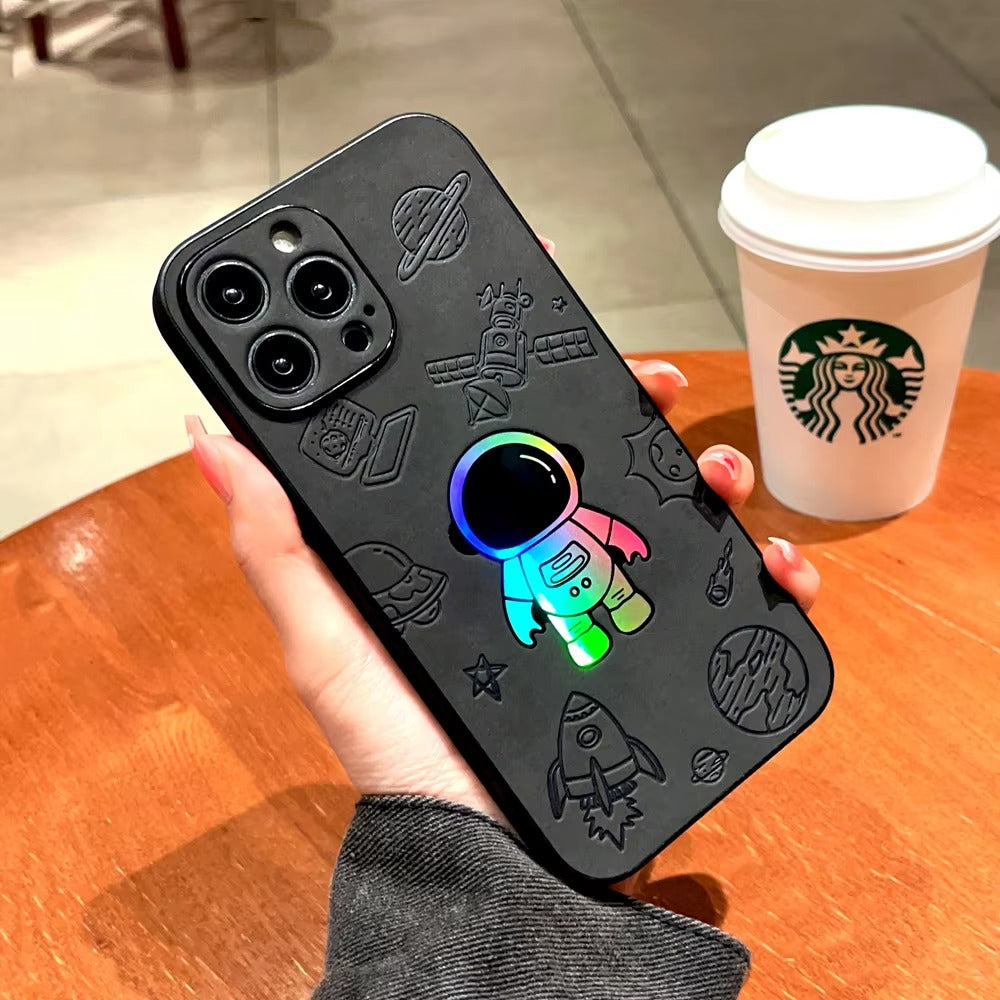 Premium Gradient Laser Astronaut iPhone Case – Faux Leather, Full Back Protection, Stylish & Durable Cover | Case for iPhone