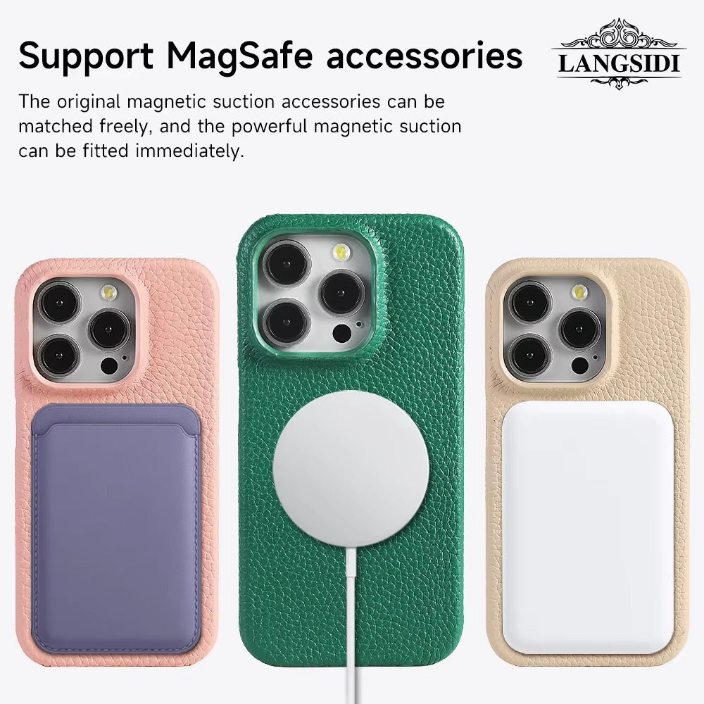 Luxury Natural Cowhide Leather MagSafe iPhone Case – Lychee Texture, Durable & Stylish Phone Back Cover | Case for iPhone