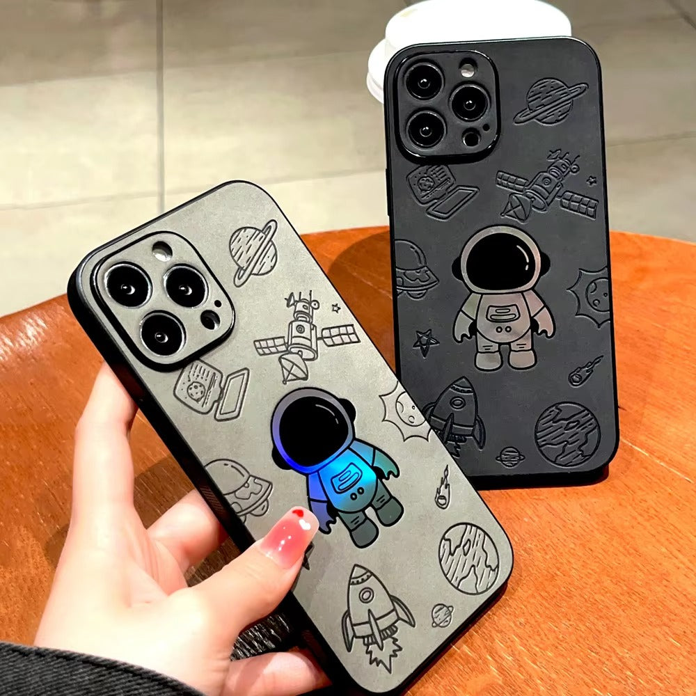 Premium Gradient Laser Astronaut iPhone Case – Faux Leather, Full Back Protection, Stylish & Durable Cover | Case for iPhone