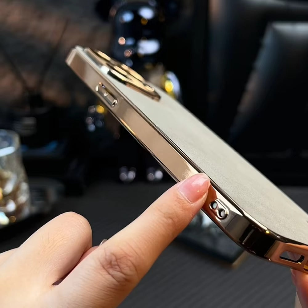 Luxury Lambskin Leather iPhone Case – Electroplated Frame, Soft & Durable Shell, Stylish Protection for Everyday Use