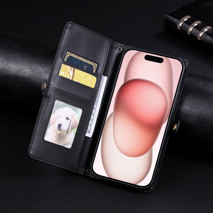 Luxury Dual-Layer Wallet iPhone Case – Flip Leather Cover with Card Slots, Photo Frame, 2 Lanyards, Shockproof Protection, and Stand Feature for iPhone