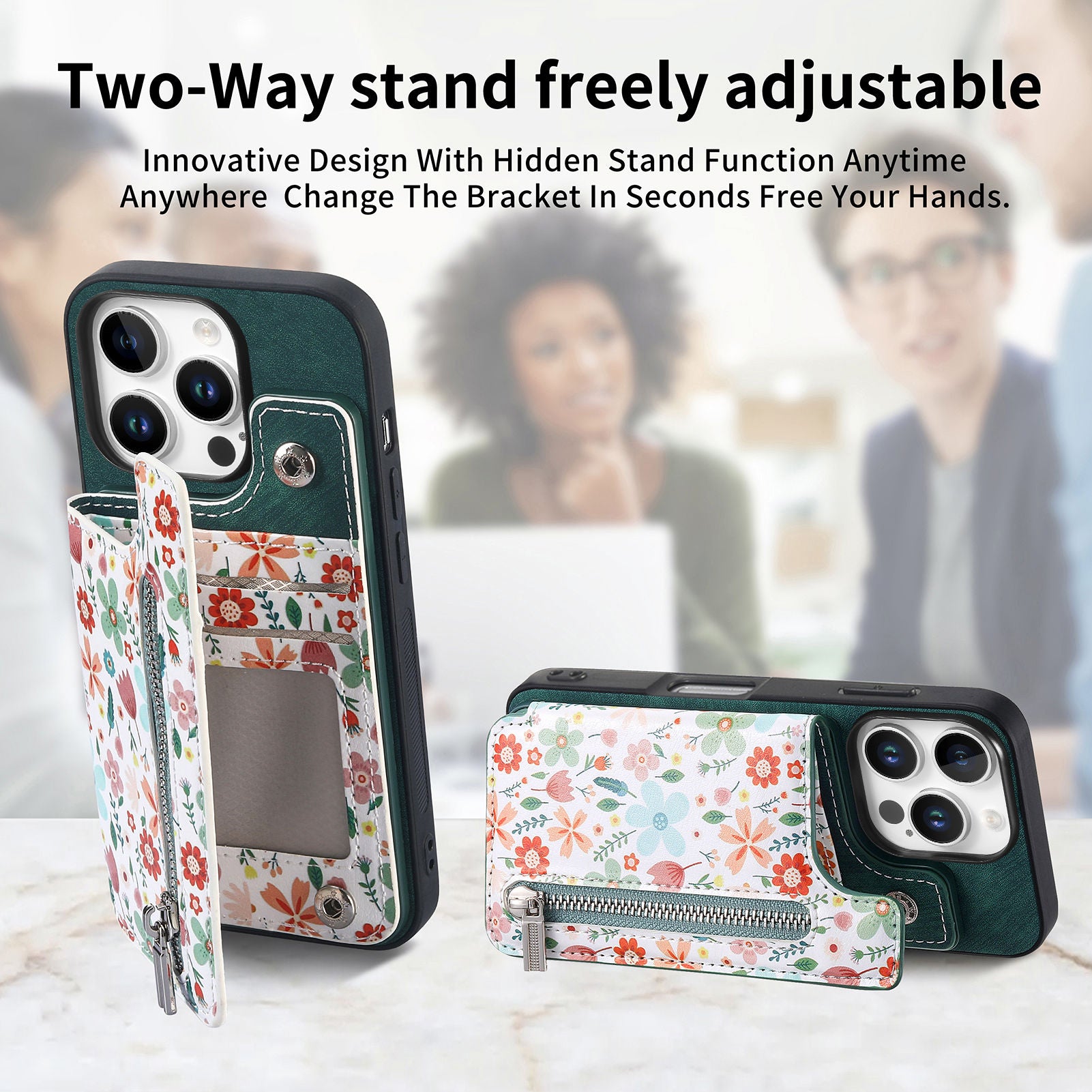 Zipper Card Slot Wallet iPhone Case – Magnetic Closure, Purse Pocket, Floral Design, Shockproof Protective Cover for iPhone