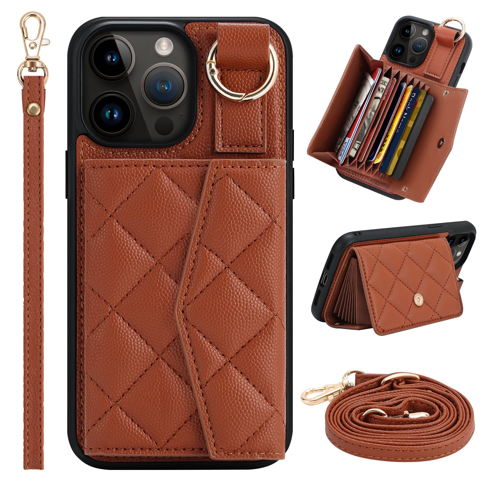 Luxury Crossbody Wallet iPhone Case – Cute Flip Leather Cover, Card Holder, Necklace Strap, Kickstand, Protection for iPhone