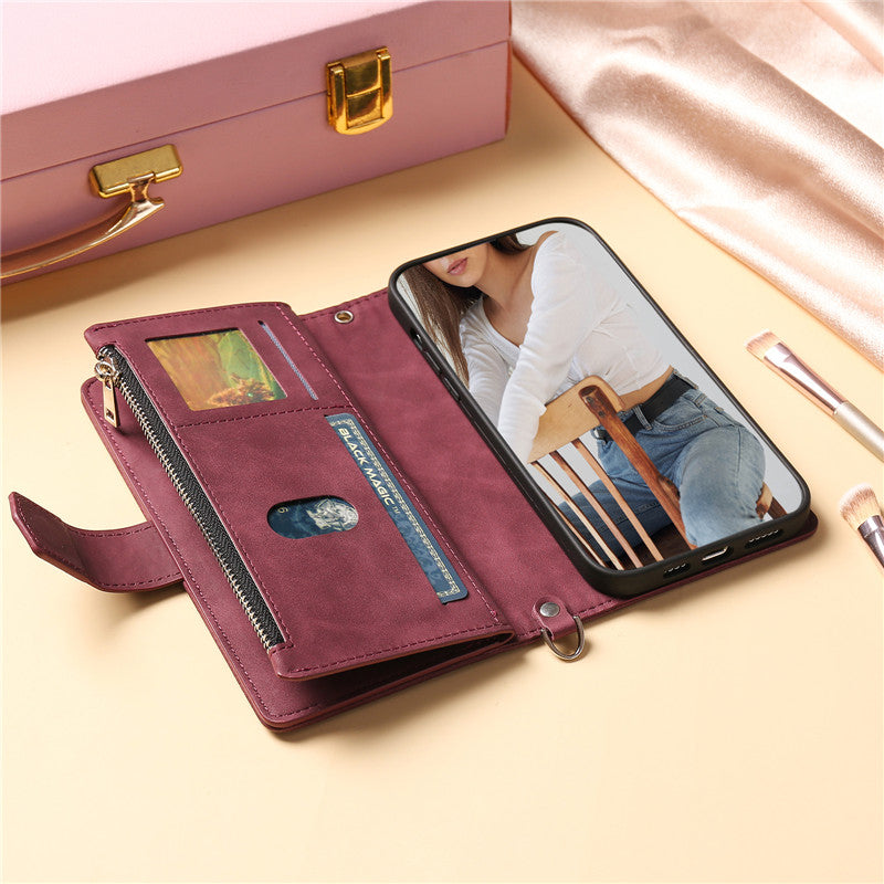 Luxury Flip Leather Wallet iPhone Case – Long Lanyard, Zipper Closure, Card Holder, and Premium Design for iPhone