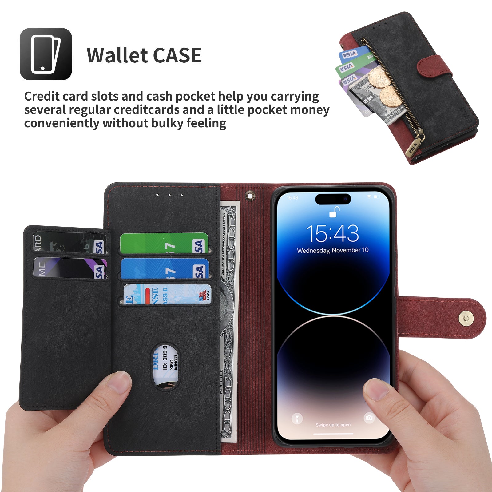 RFID Blocking Leather Wallet iPhone Case – Zipper Flip Cover, Card Slot Holder, Magnetic Stand, Shockproof Protection, Premium Design for iPhone