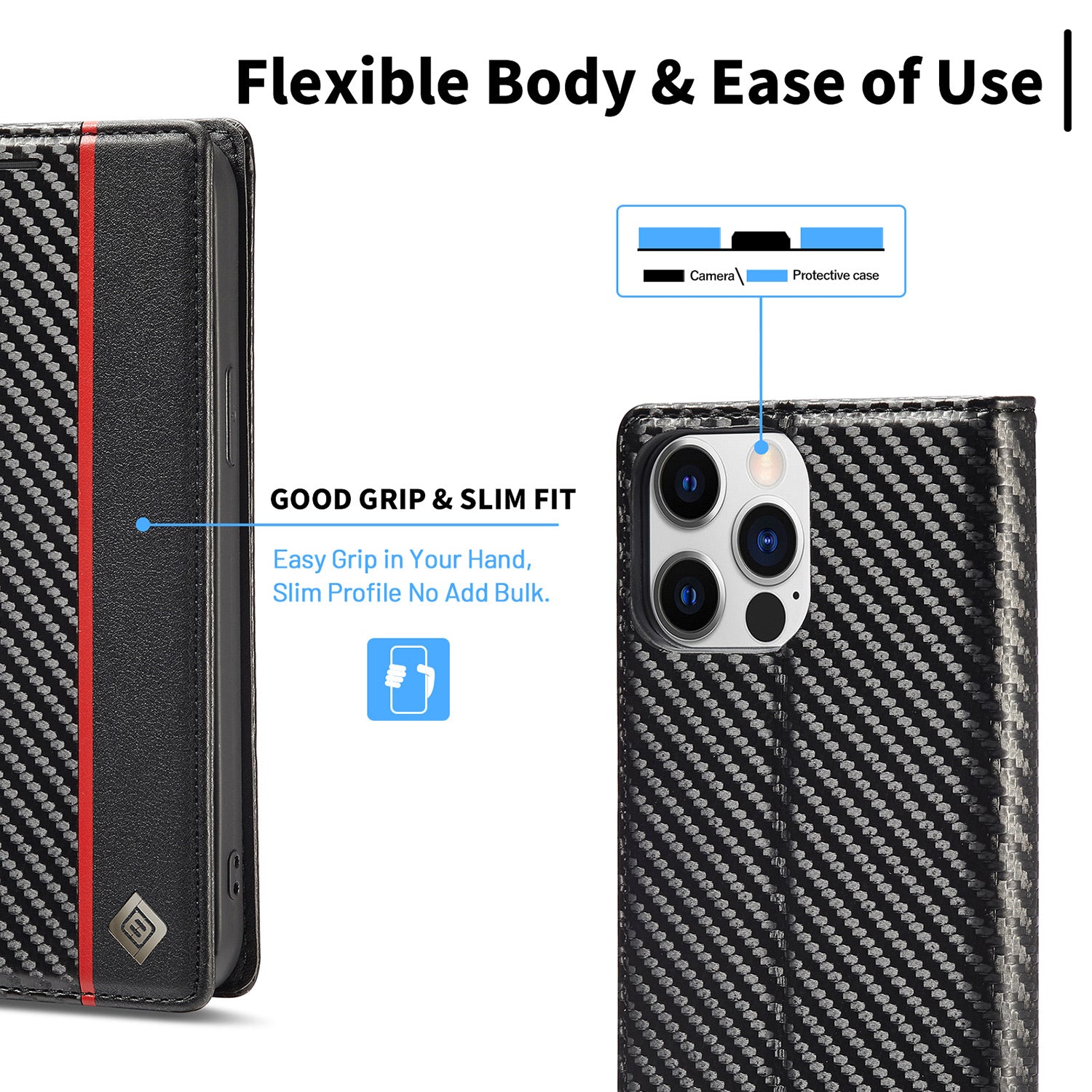 Luxury Carbon Fiber Leather Wallet iPhone Case – Magnetic Flip Cover, Card Holder, Shockproof Protection, Durable for iPhone