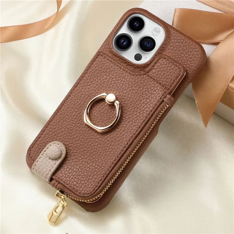 Luxury Leather Zipper Wallet iPhone Case – Card Holder, Ring Kickstand, Shockproof Cover for iPhone Models