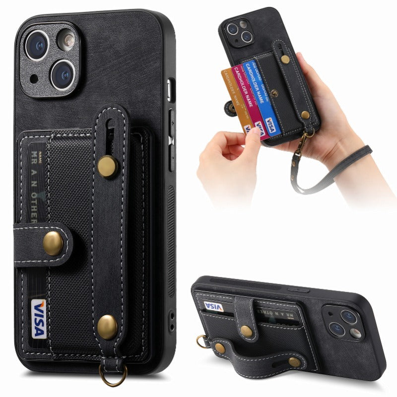 Luxury PU Leather Wallet iPhone Case with Wrist Strap – Stand Function, Card Holder, Protection for Secure and Convenience