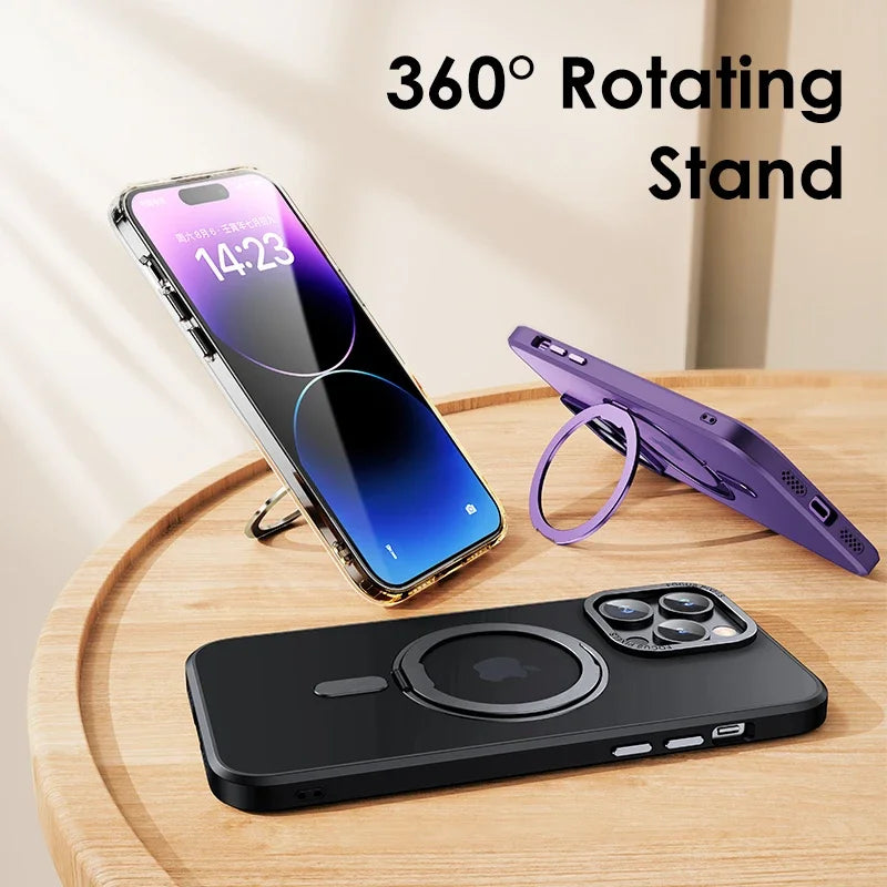 Luxury Magnetic 360° Rotating Stand Frosted Transparent Cover with Ring Holder Shockproof & Hands-Free Design Case for iPhone