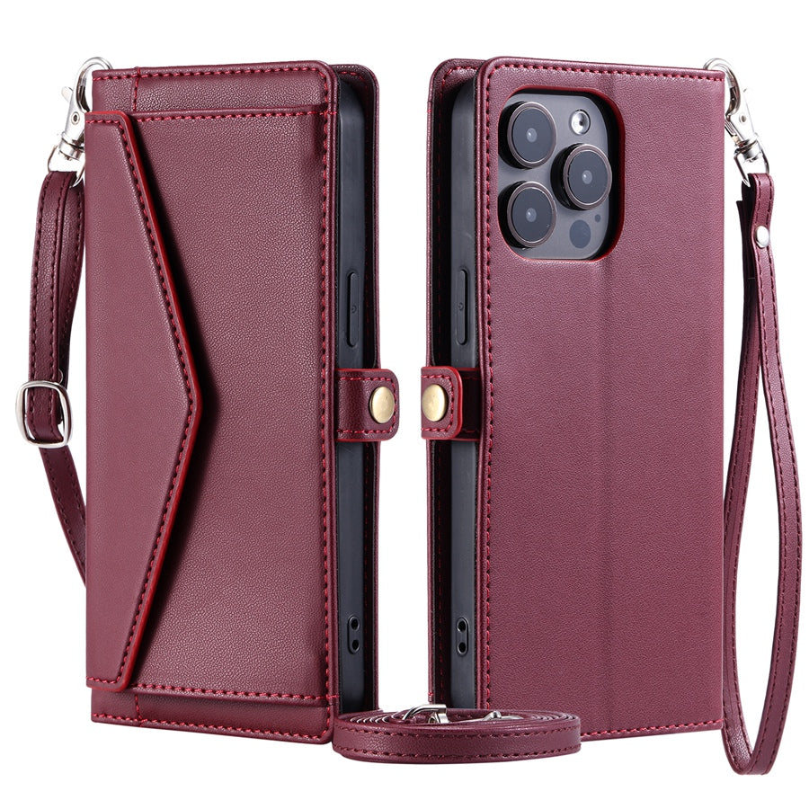 Luxury Dual-Layer Wallet iPhone Case – Flip Leather Cover with Card Slots, Photo Frame, 2 Lanyards, Shockproof Protection, and Stand Feature for iPhone