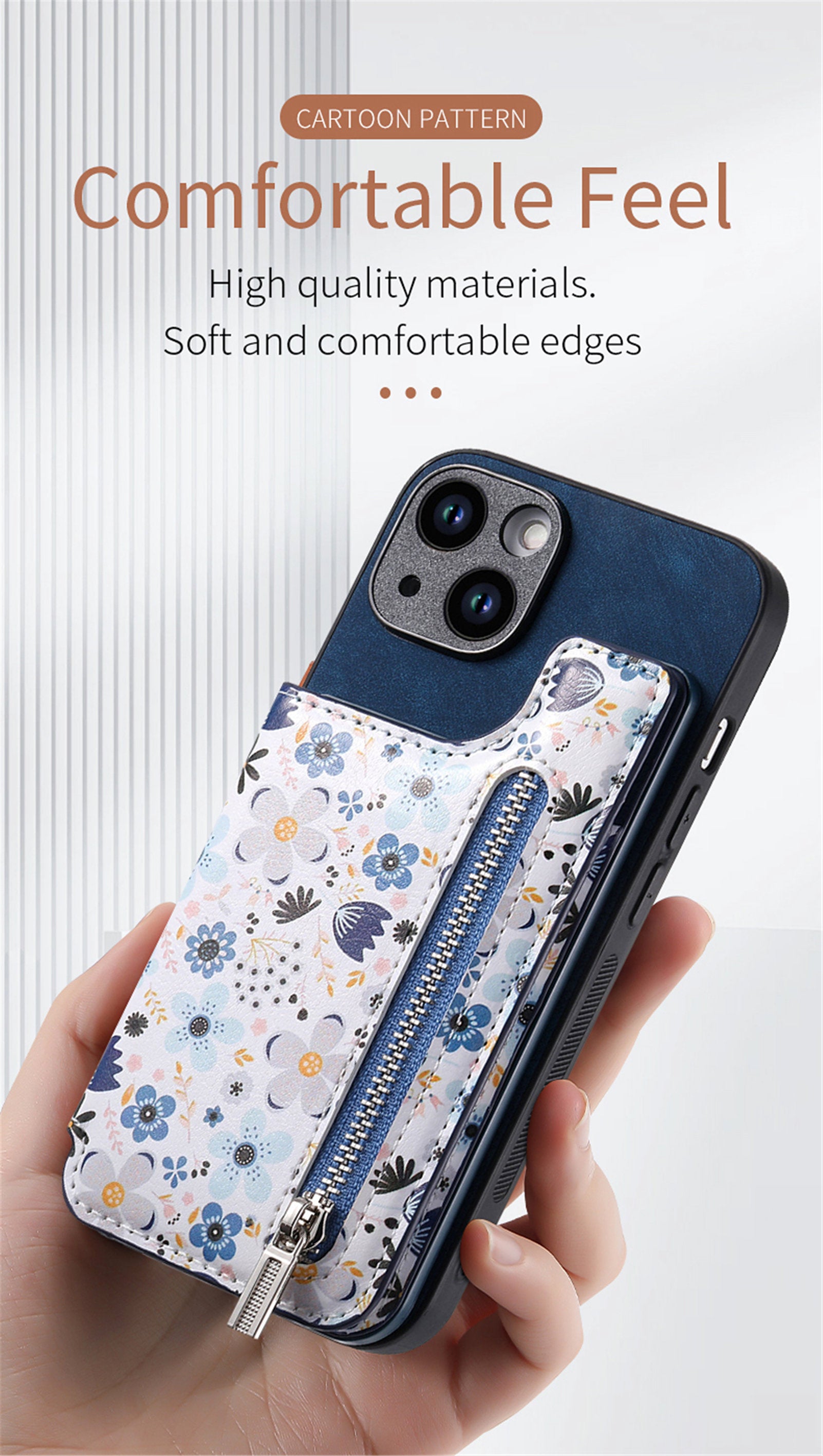 Zipper Card Slot Wallet iPhone Case – Magnetic Closure, Purse Pocket, Floral Design, Shockproof Protective Cover for iPhone