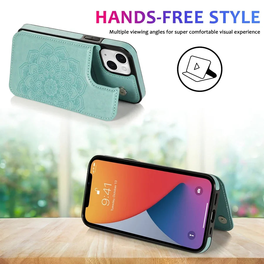 Luxury Wallet Datura Double Buckle iPhone Case – Magnetic Flip, Card Slot, Protective & Stylish Leather Cover Case for iPhone