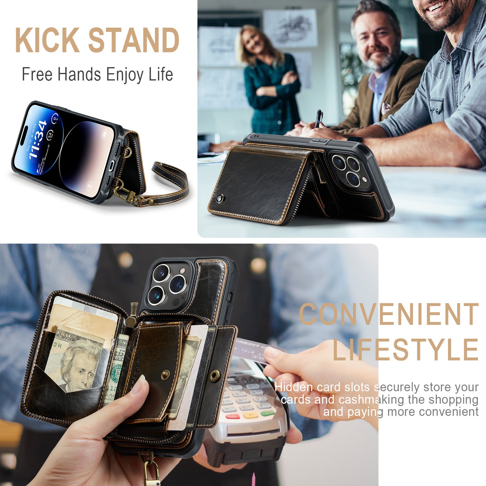 Luxury Leather Wallet Crossbody iPhone Case – Card Slot Holder, Stand Function, Hand Lanyard Strap, Shockproof Protection for iPhone