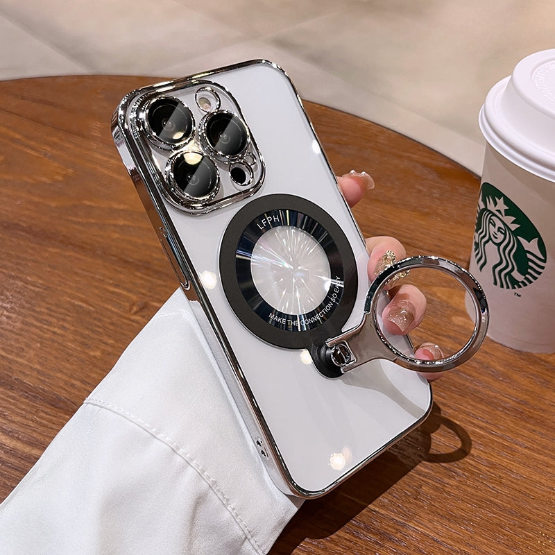 Luxury Ring Holder - Transparent Hard Acrylic Cover, Built-in Bracket, Magnetic Wireless Charging Compatible Case for iPhone