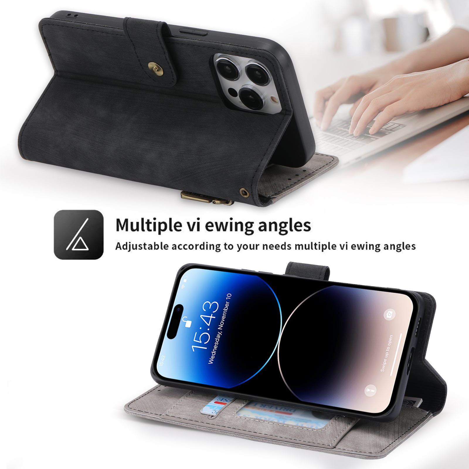 RFID Blocking Leather Wallet iPhone Case – Zipper Flip Cover, Card Slot Holder, Magnetic Stand, Shockproof Protection, Premium Design for iPhone