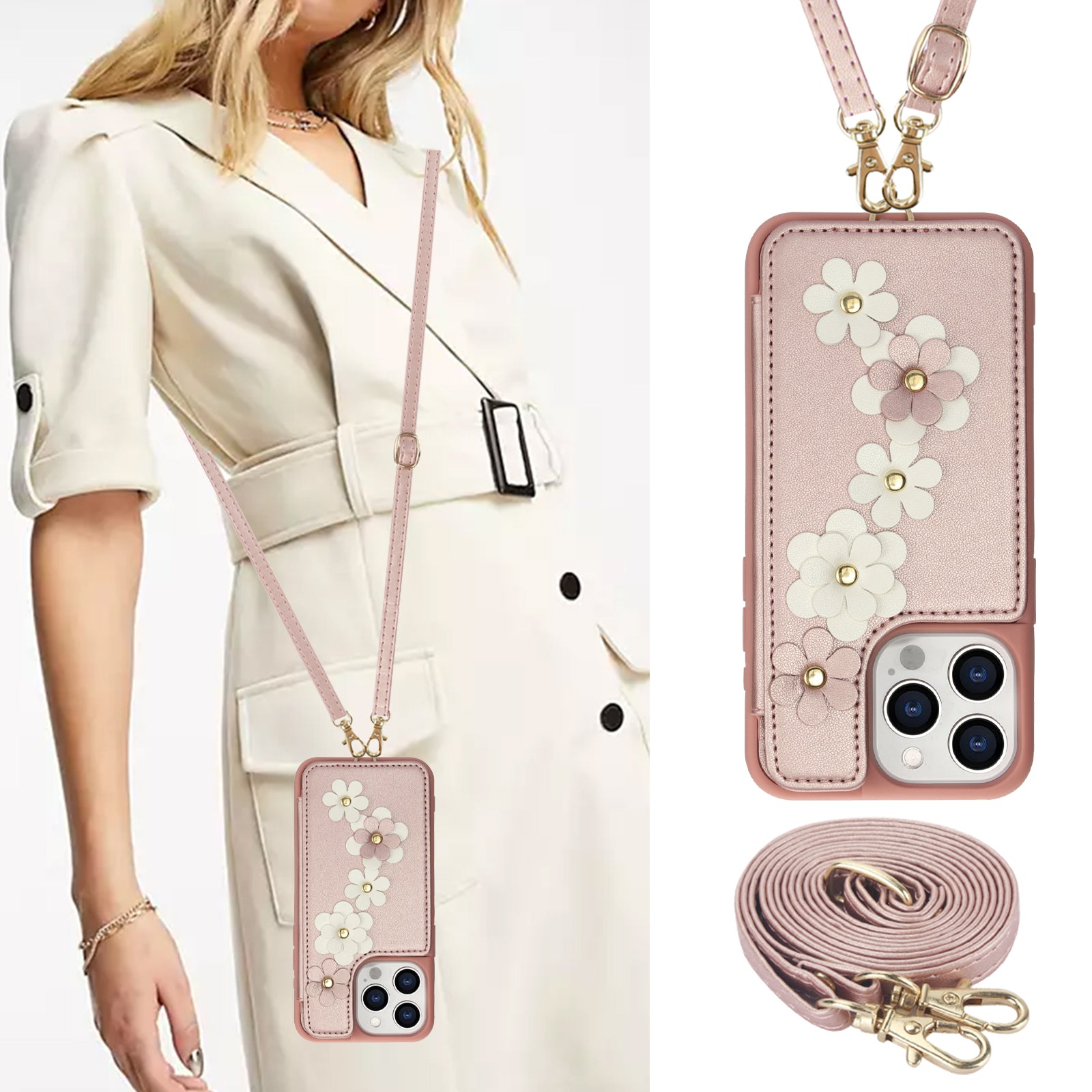 Luxury Crossbody Wallet Leather iPhone Case – 3D Flower Design, Card Slot, Wrist Strap, Magnetic Closure, Protective Cover