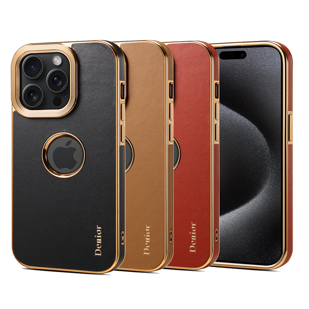 Luxury Business Cowhide Leather iPhone Case – Plating Shockproof Cover for iPhone Models, Sleek and Durable Design