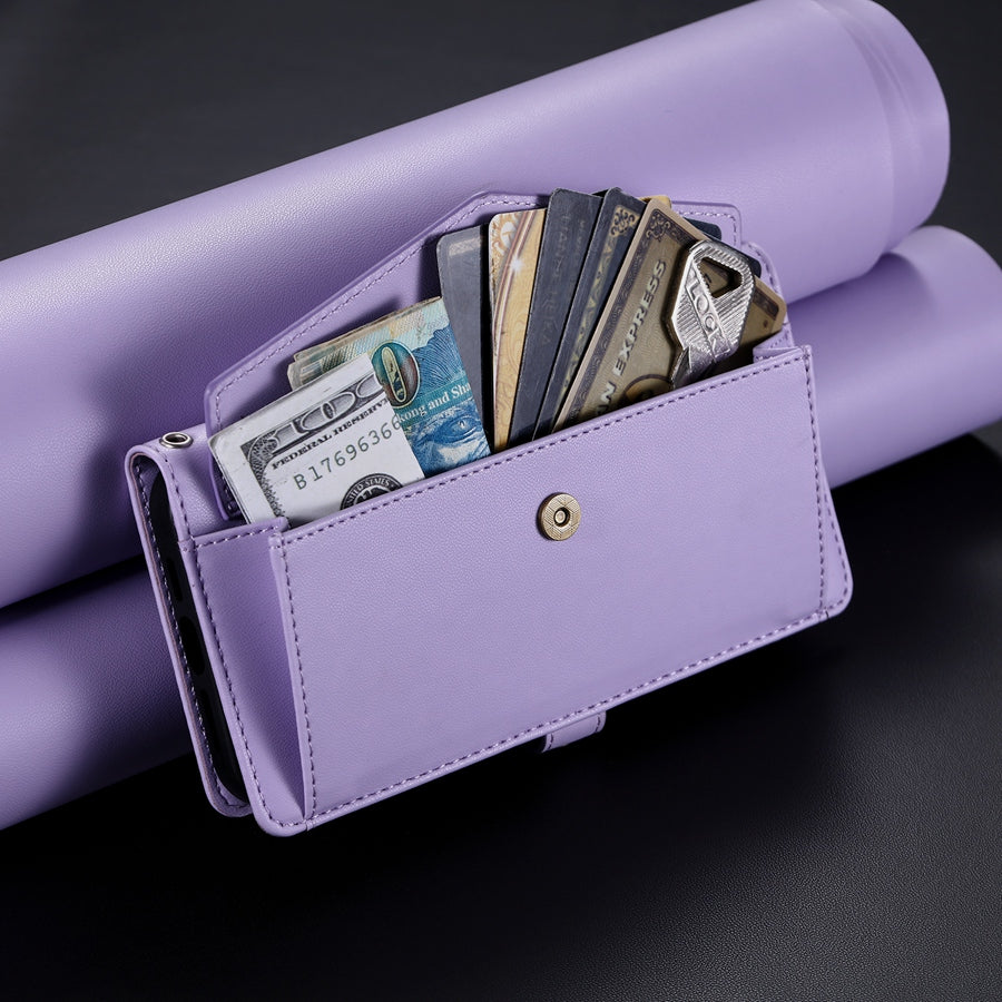 Luxury Dual-Layer Wallet iPhone Case – Flip Leather Cover with Card Slots, Photo Frame, 2 Lanyards, Shockproof Protection, and Stand Feature for iPhone