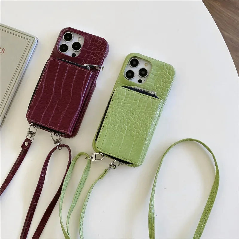Luxury Crossbody Crocodile Skin iPhone Case – Zipper Wallet, Card Holder, Shockproof Protection, and Elegant Design for Secure & Stylish Convenience