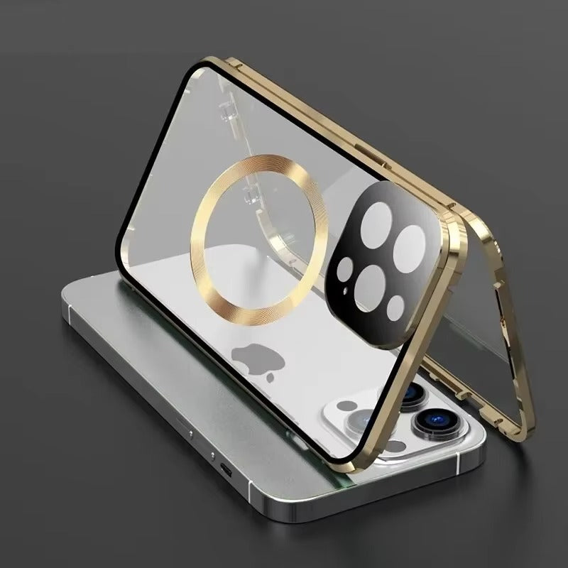 Premium Apple iPhone Case Ultra Thin Shockproof Magnetic Full All Around Protection Cover with Metal Frame Glass Design