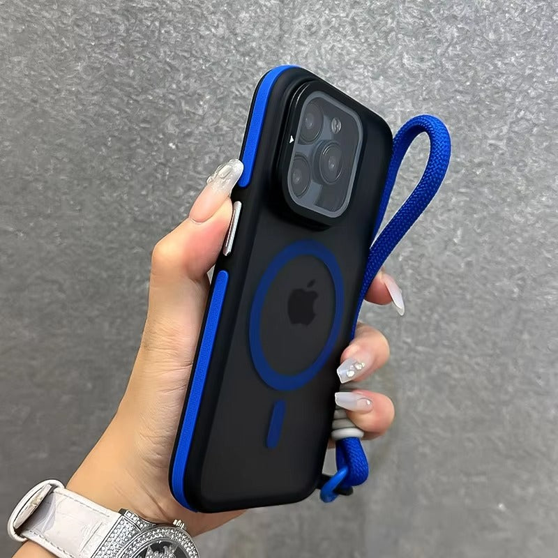 Luxury Apple iPhone Case Ultra Thin Shockproof Magnetic Full All Around Protection Cover with Matte Stand & Wrist Strap