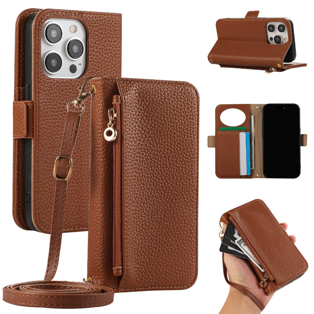 Luxury Crossbody Zipper Wallet iPhone Case – Leather Card Holder, Hands-Free Strap, Shockproof Protection, and Stylish Design for Ultimate Convenience