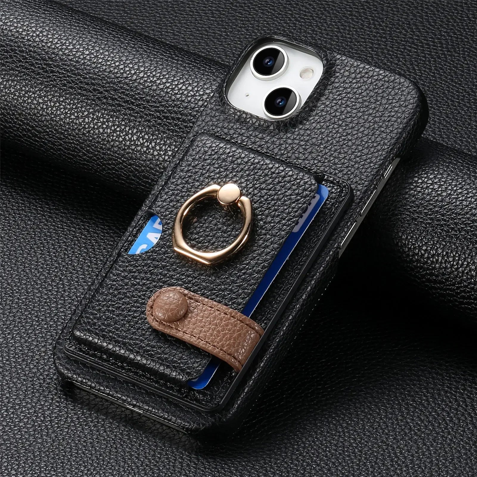 Premium Leather Ring Stand Wallet iPhone Case Card Holder, Magnetic Closure, and Kickstand Support for Hands-Free Convenience